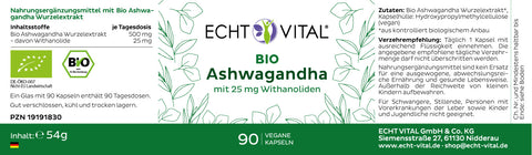 Bio Ashwagandha - Glas mit 90 Kapseln