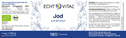 Jod aus Bio Kelp - 1 Glas mit 180 Presslingen