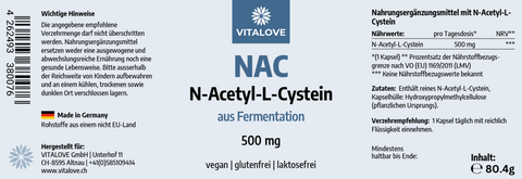 NAC - 500 mg - N-Acetyl-L-Cystein aus natürlicher Fermentation - 120 Kapseln