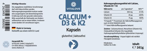 Natürliches Calcium + D3 & K2 - 180 Kapseln