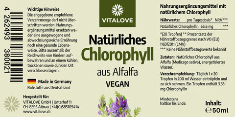 Chlorophyll Tropfen - aus Alfalfa - 66,6 mg pro Tagesdosis - 50ml - VITALOVE - Naturprodukte