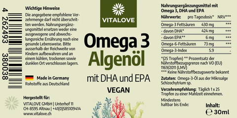 Vegane Omega 3 Algenöl Tropfen - mit DHA und EPA - 30 ml - VITALOVE - Naturprodukte