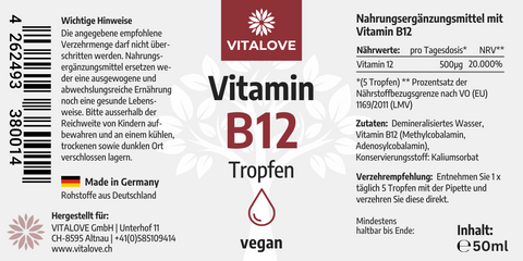 Vitamin B12 Tropfen - Bioaktiv - ohne Alkohol - VEGAN - 50 ml