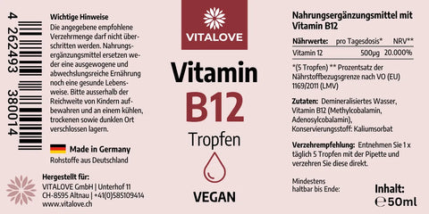 Vitamin B12 Tropfen - mit 500 µg Vitamin B12 pro Tagesdosis - ohne Alkohol - VEGAN - 50 ml - VITALOVE - Naturprodukte