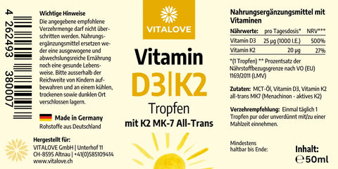 Vitamin D3 / K2 MK7 All-trans - Tropfen 50 ml - VITALOVE - Naturprodukte