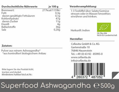 Bio Ashwagandha - Pulver - 500g (Superfood)