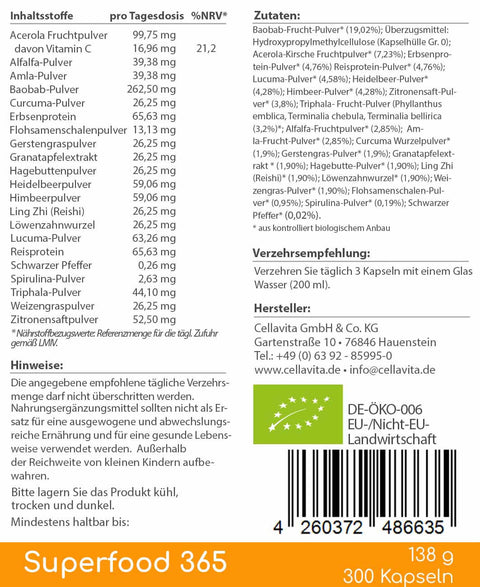 Bio Superfood 365 - 300 Kapseln - (mit 21 Bio-Superfoods)