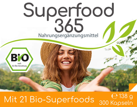 Bio Superfood 365 - 300 Kapseln - (mit 21 Bio-Superfoods) - VITALOVE - Naturprodukte